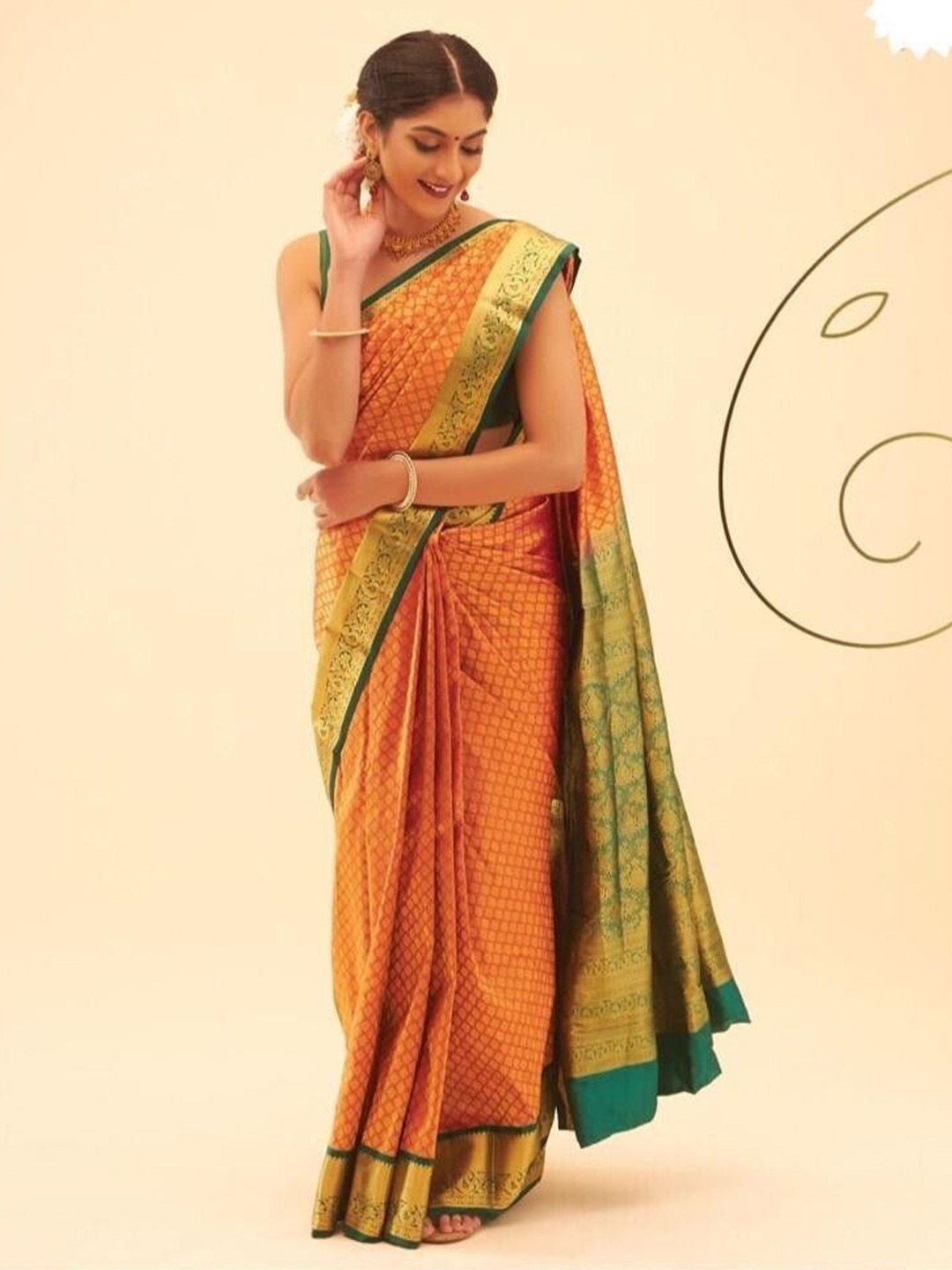 

bansari textiles Woven Design Zari Pure Cotton Kanjeevaram Saree, Orange