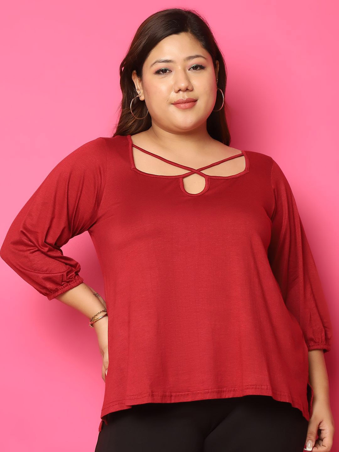 

theRebelinme Women Plus Size Puff Sleeves Cut Out Top, Maroon