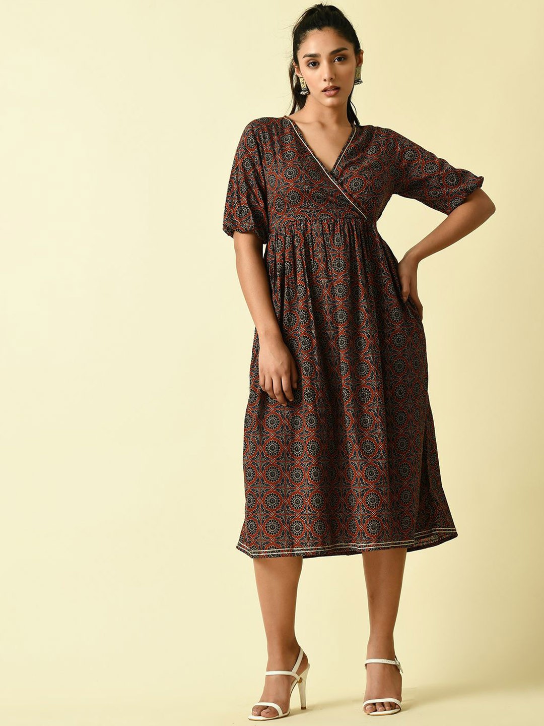 

KALINI V-Neck Printed Cotton Ethnic Dress, Brown