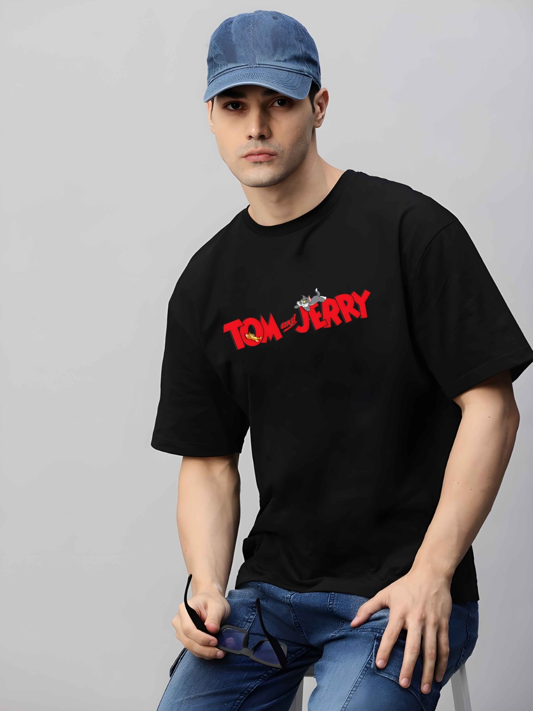 

Krimmple Men Tom & Jerry Typography Printed Round Neck Cotton Relaxed Fit T-shirt, Black