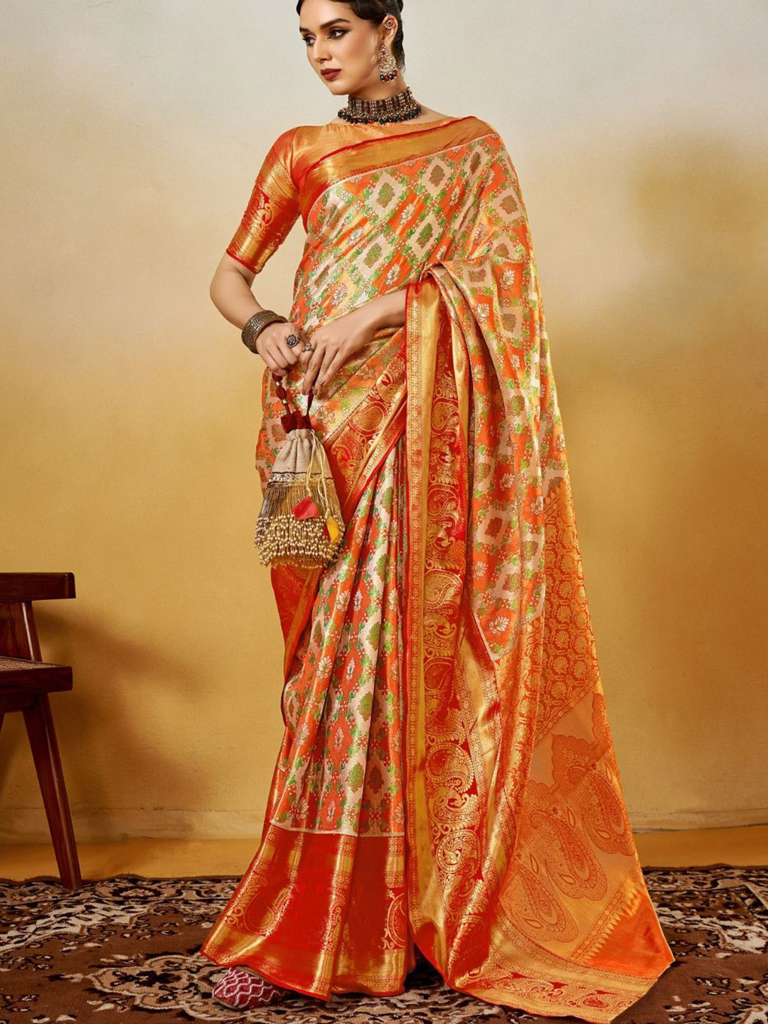 

BLENDIFY Woven Design Zari Silk Blend Banarasi Saree, Orange