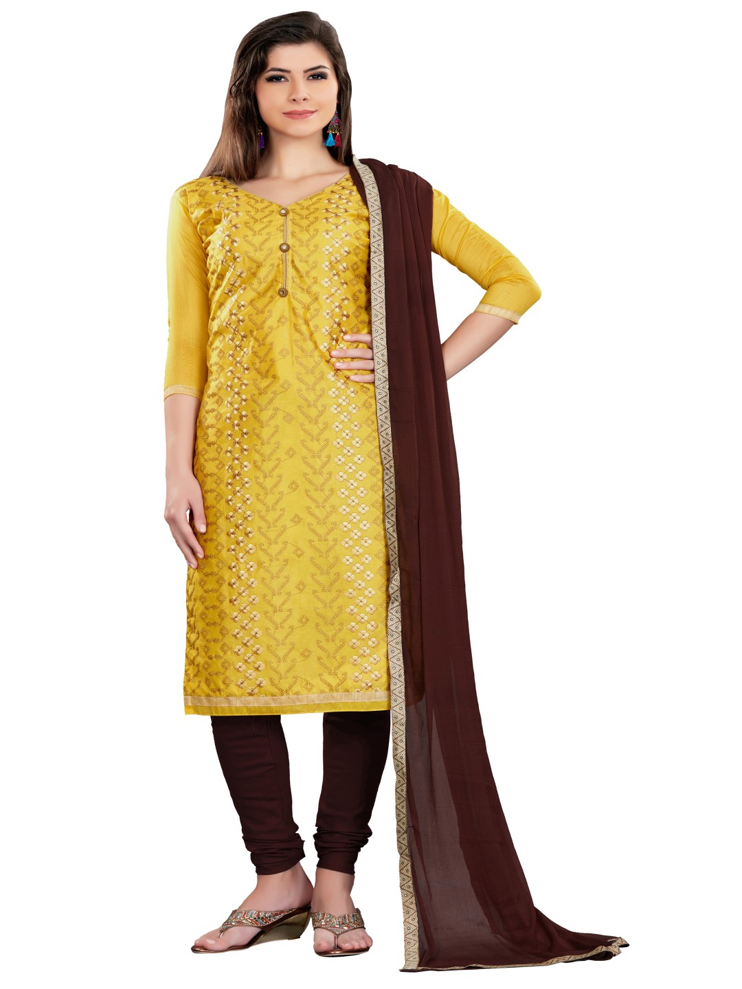 

HERE&NOW Floral Embroidered Unstitched Dress Material, Mustard