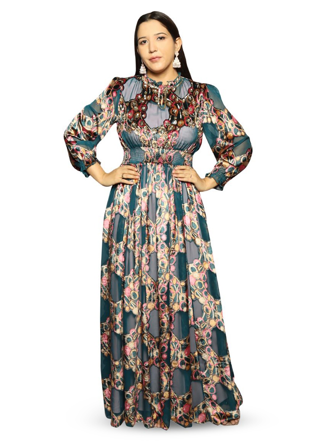 

HOUSE OF PARAL Women Floral Printed Puff Sleeves Maxi Dress, Green