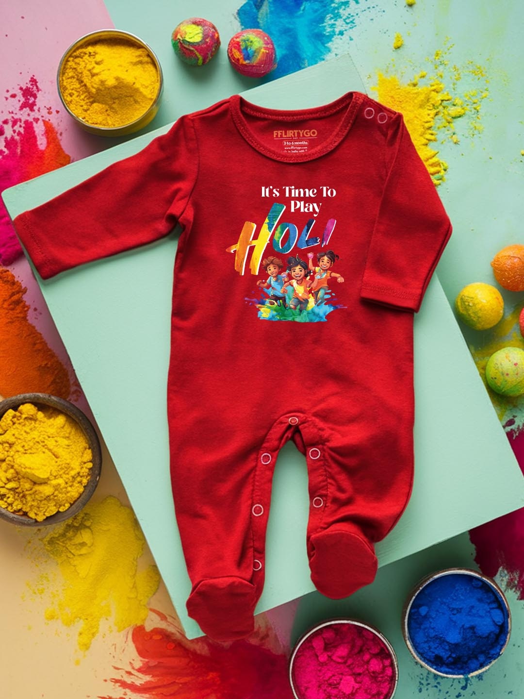 

FFLIRTYGO Infants Holi Printed Cotton Sleepsuit, Red