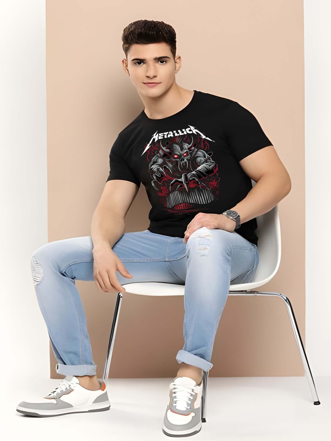 

Krimmple Men Graphic Printed Round Neck Cotton T-shirt, Black