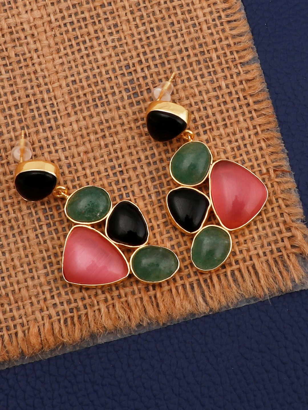 

EL JOYERO Brass Gold-Plated Onyx Contemporary Drop Earrings