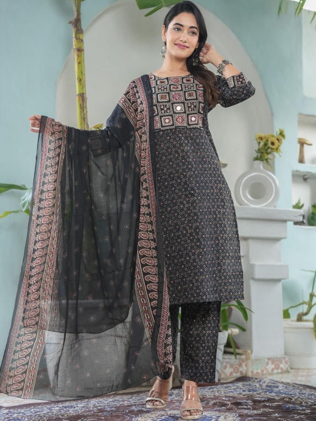 

KALINI Floral Printed Round Neck Mirror Work Straight Kurta With Trousers And Dupatta, Black