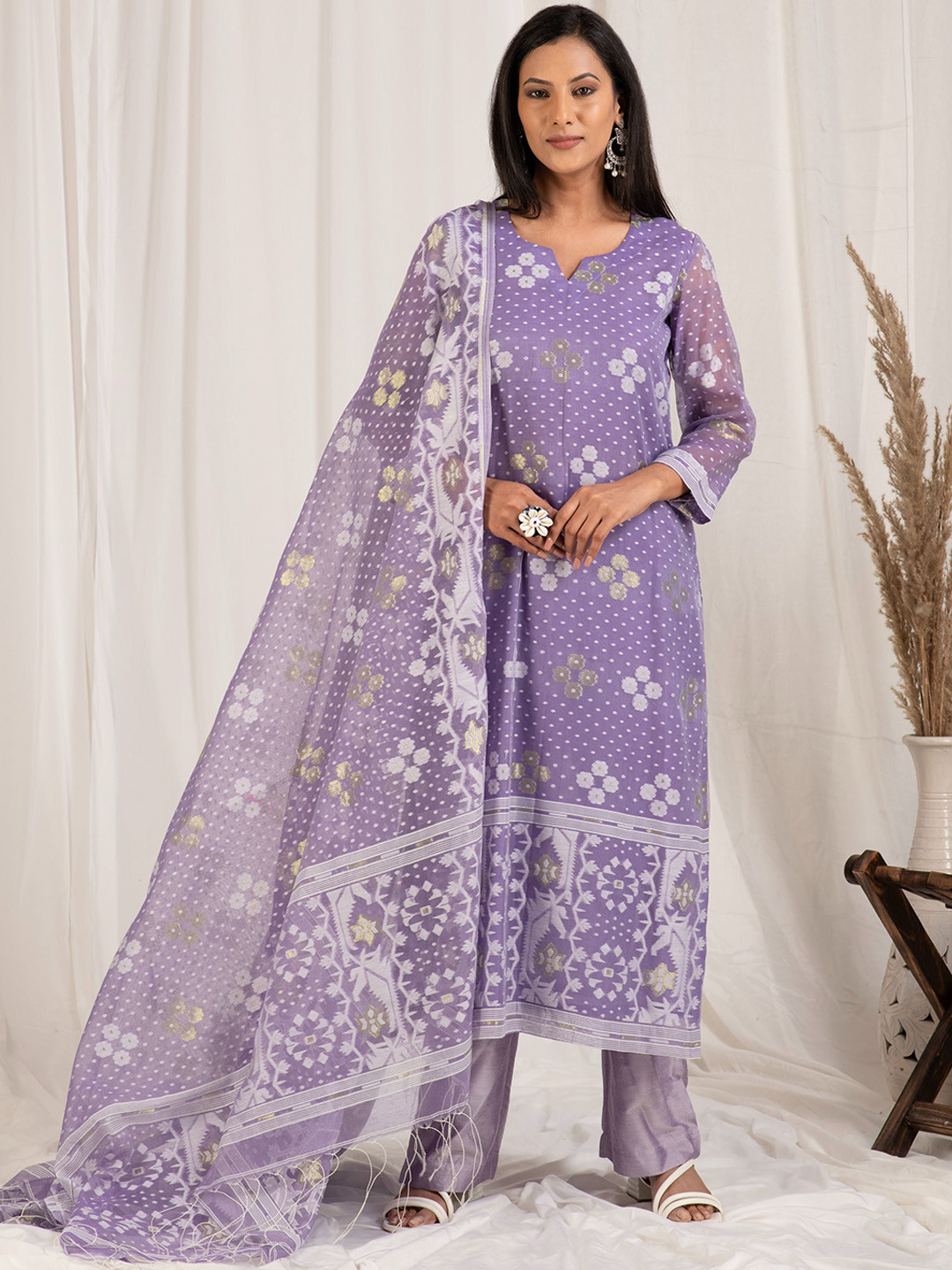 

Kasturi Creations Floral Woven Design Pure Cotton Kurta With Trousers And Dupatta, Purple