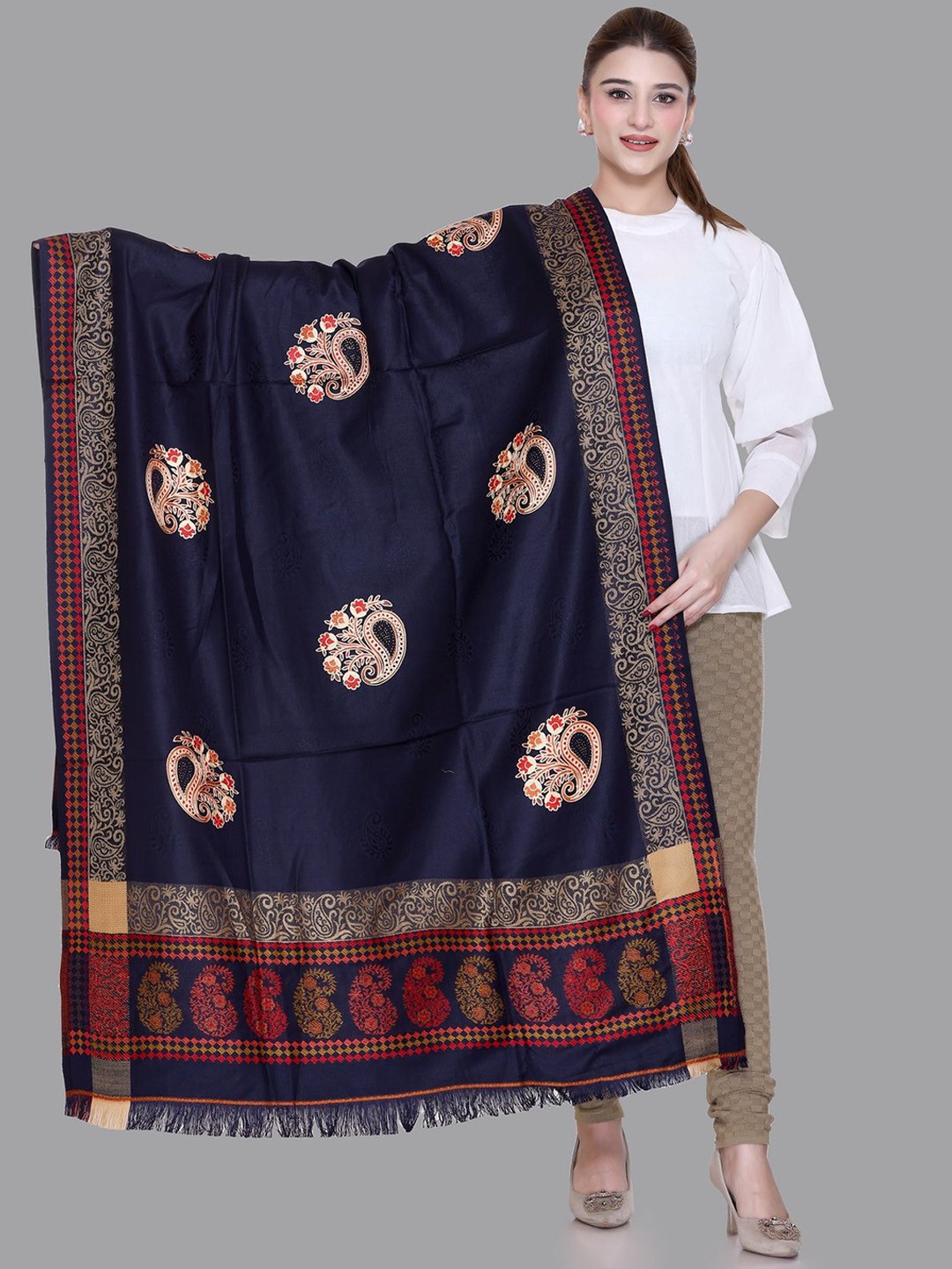 

Tones-N-Shades Ethnic Motifs Embroidered Woollen Shawl, Blue