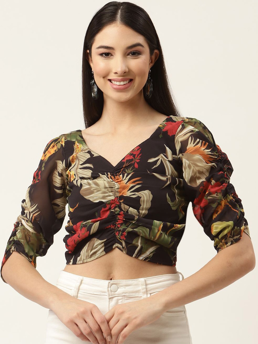 

Moda Rapido Women Floral Print Georgette Crop Top, Black