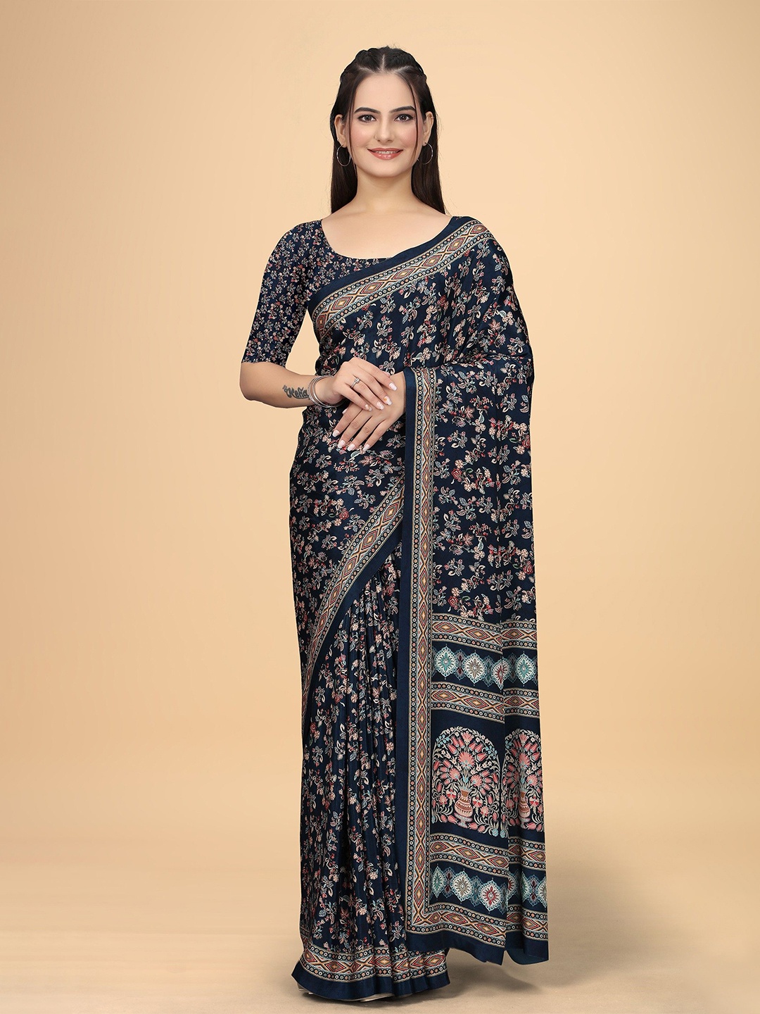 

K 5 Fashion Floral Pure Crepe Saree, Navy blue