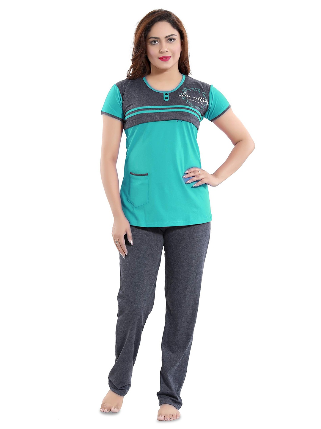 

TIGYWIGY Colourblocked Pure Cotton Maternity T-Shirt With Pyjama, Sea green