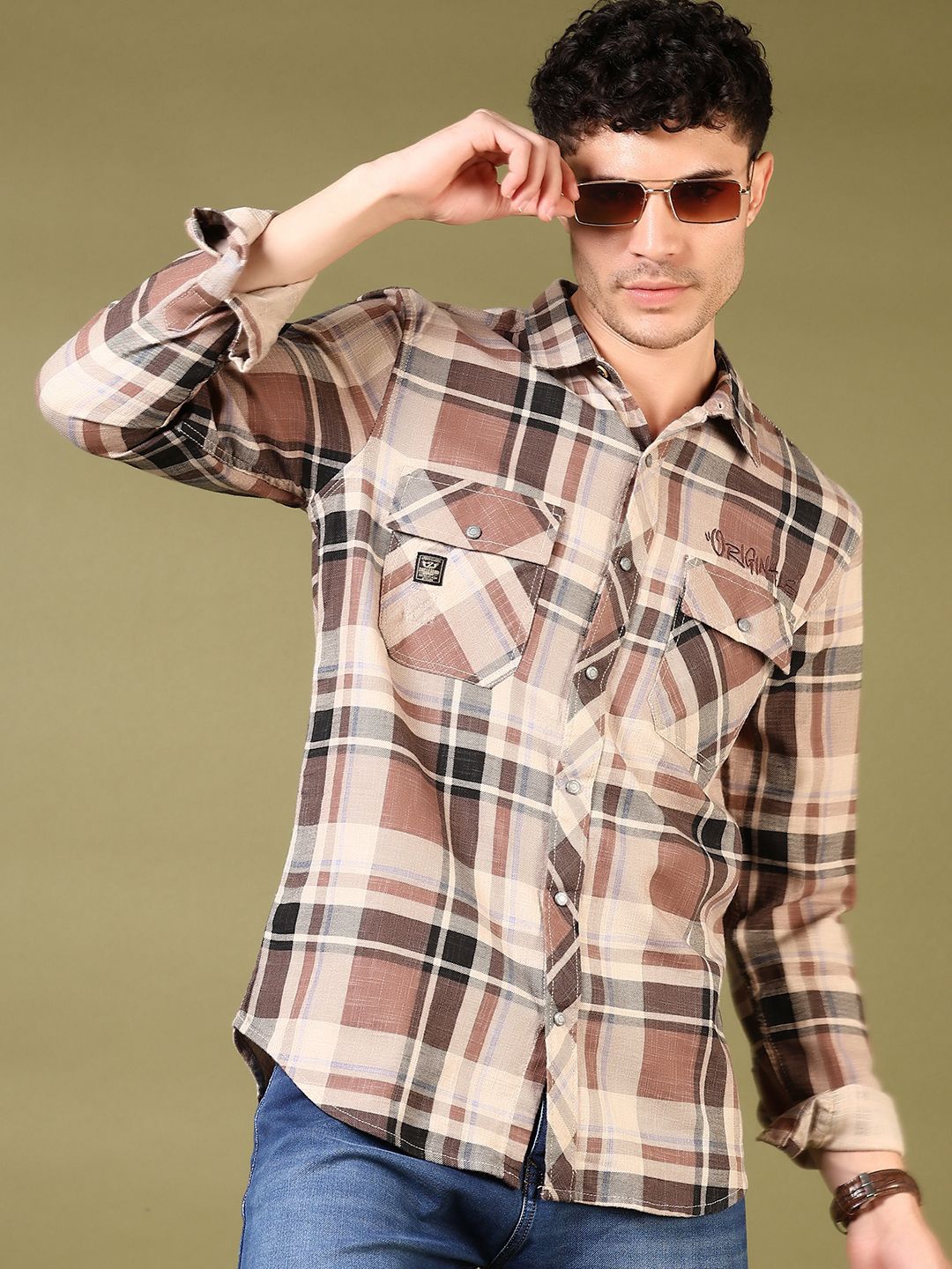 

V-Mart Men Spread Collar Tartan Checked Cotton Casual Shirt, Brown