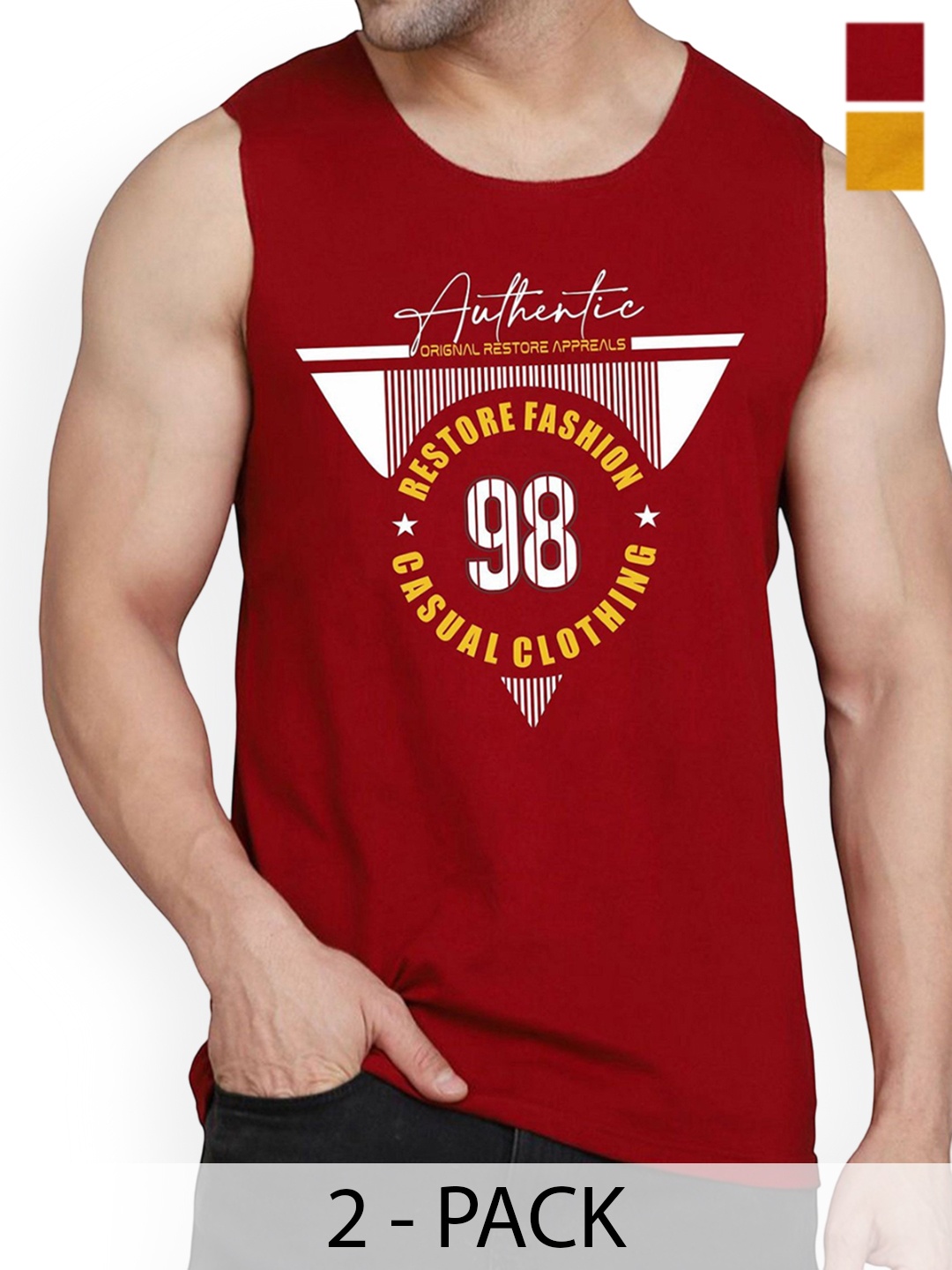 

WOOSTRO Men Pack Of 2 Printed Cotton Innerwear Gym Vests, Maroon