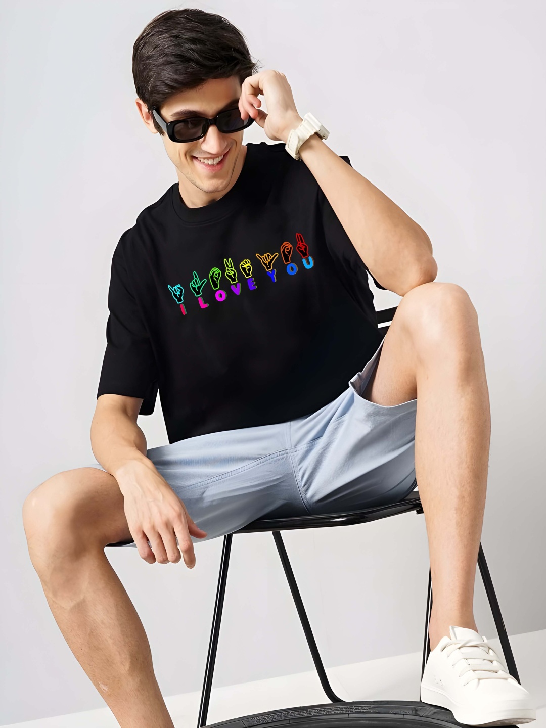

Krimmple Men Typography Printed Round Neck Cotton Oversized T-shirt, Black