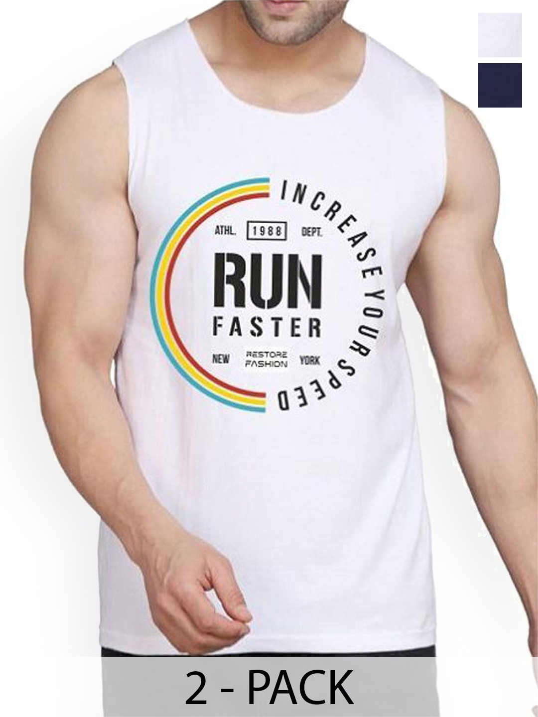 

WOOSTRO Pack Of 2 Printed Combed Cotton Gym Vest RS26 CMB (HARD NAVY) (RUN WHITE), Navy blue