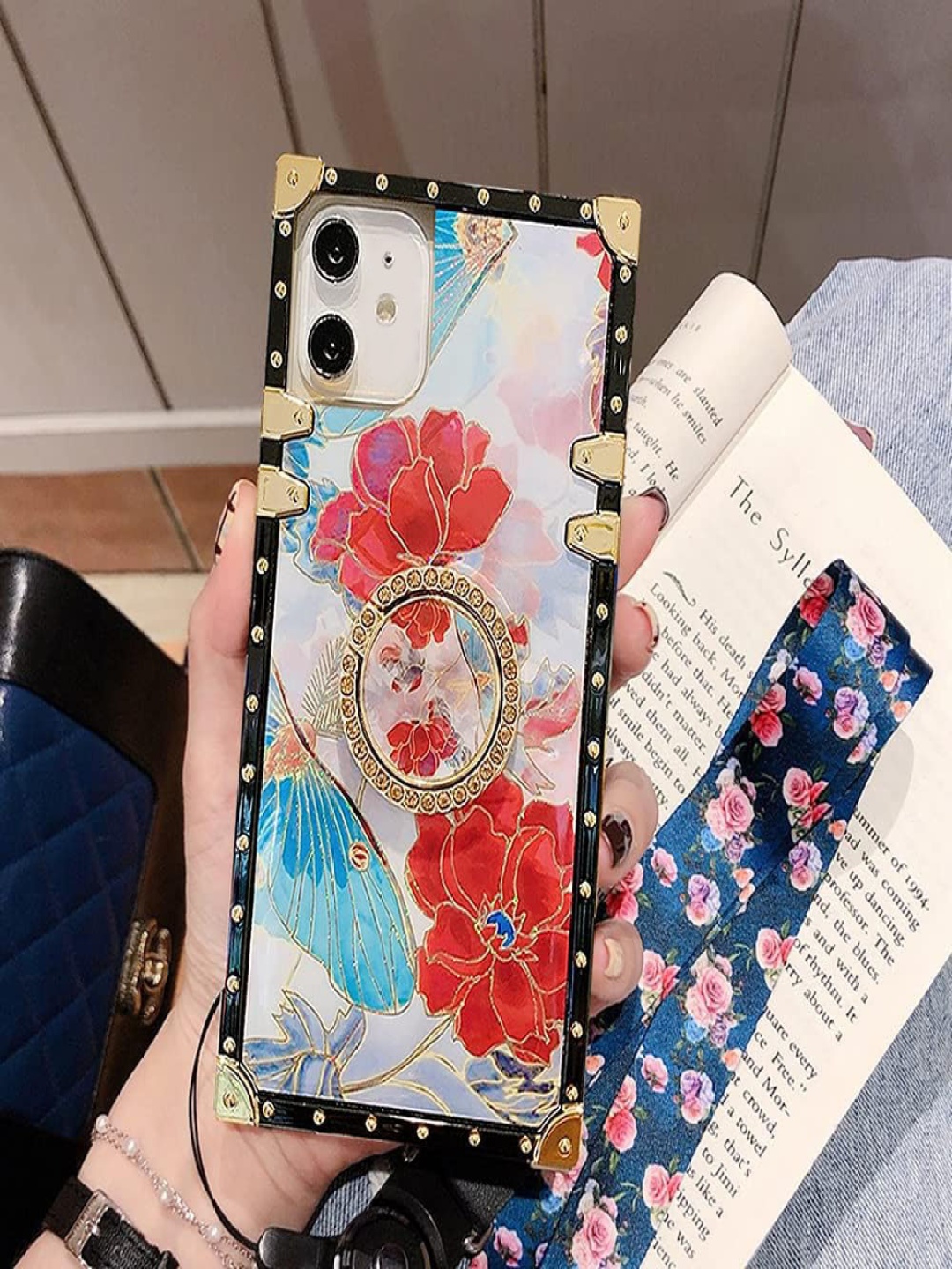 

Luxury Kase Floral Printed iPhone 12 Bling Floral Flower Square Case Cover Back Case, Red