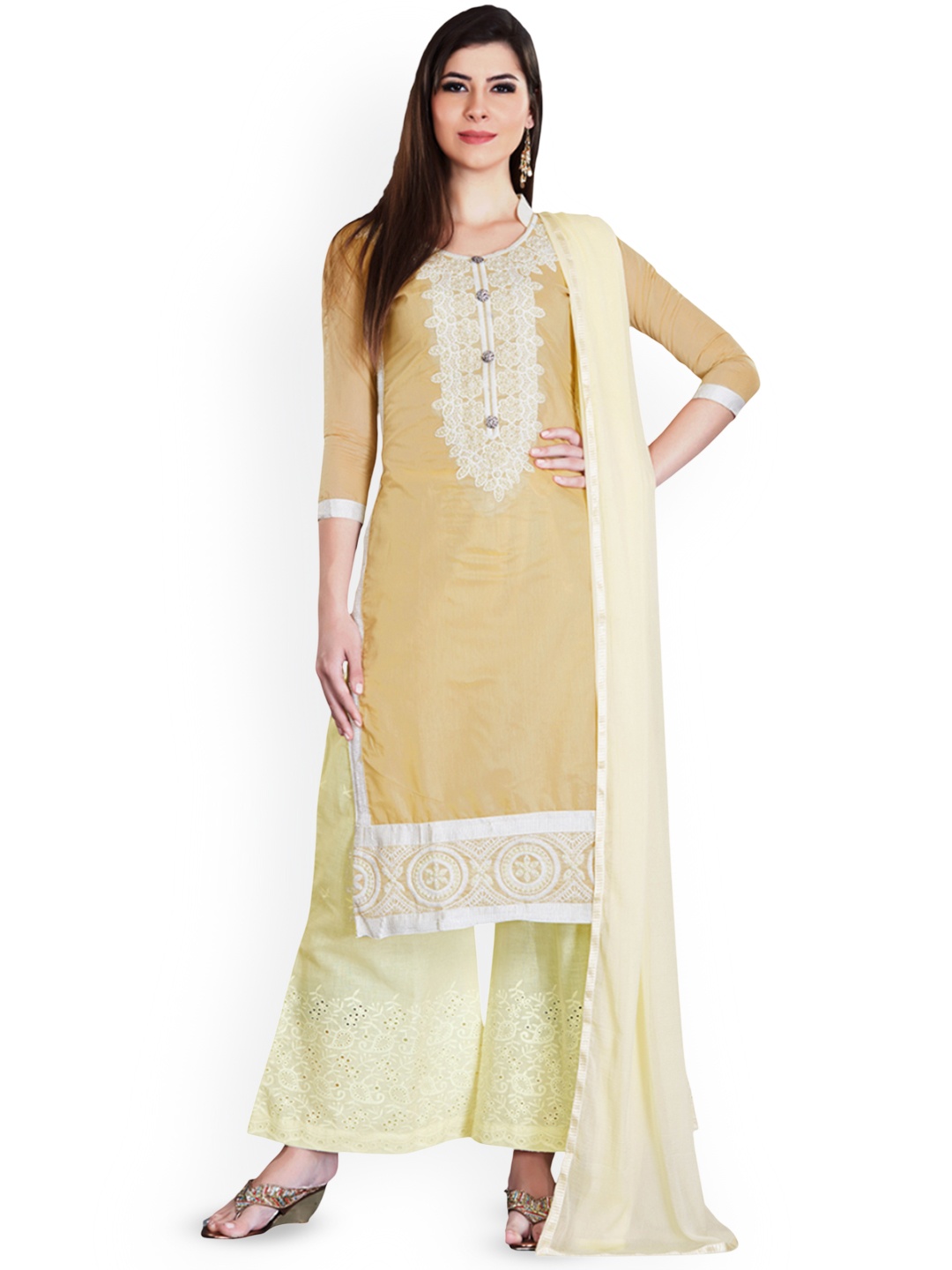 

HERE&NOW Floral Embroidered Unstitched Dress Material, Beige