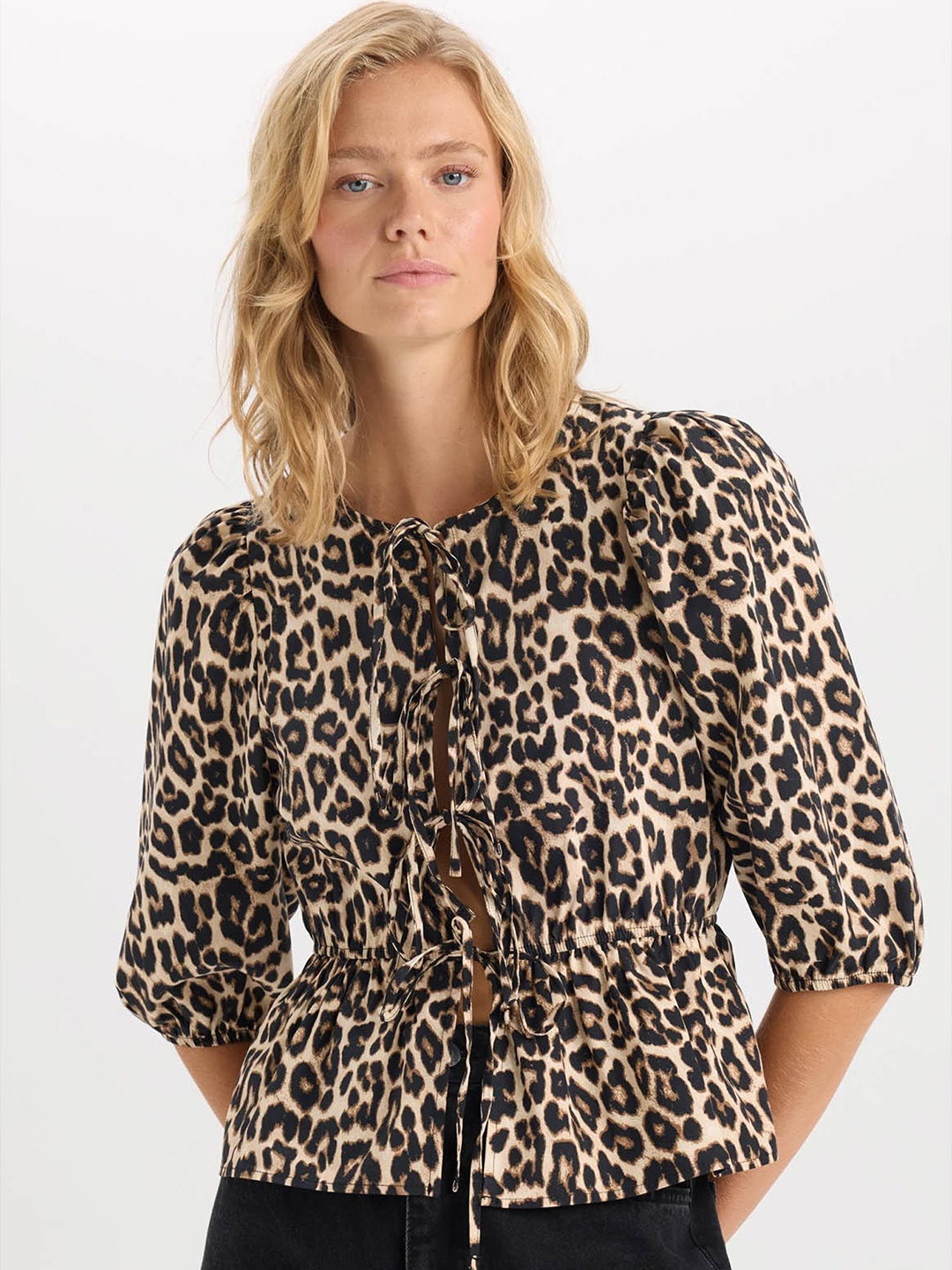 

DeFacto Animal Printed Tie-Ups Cotton Top, Beige