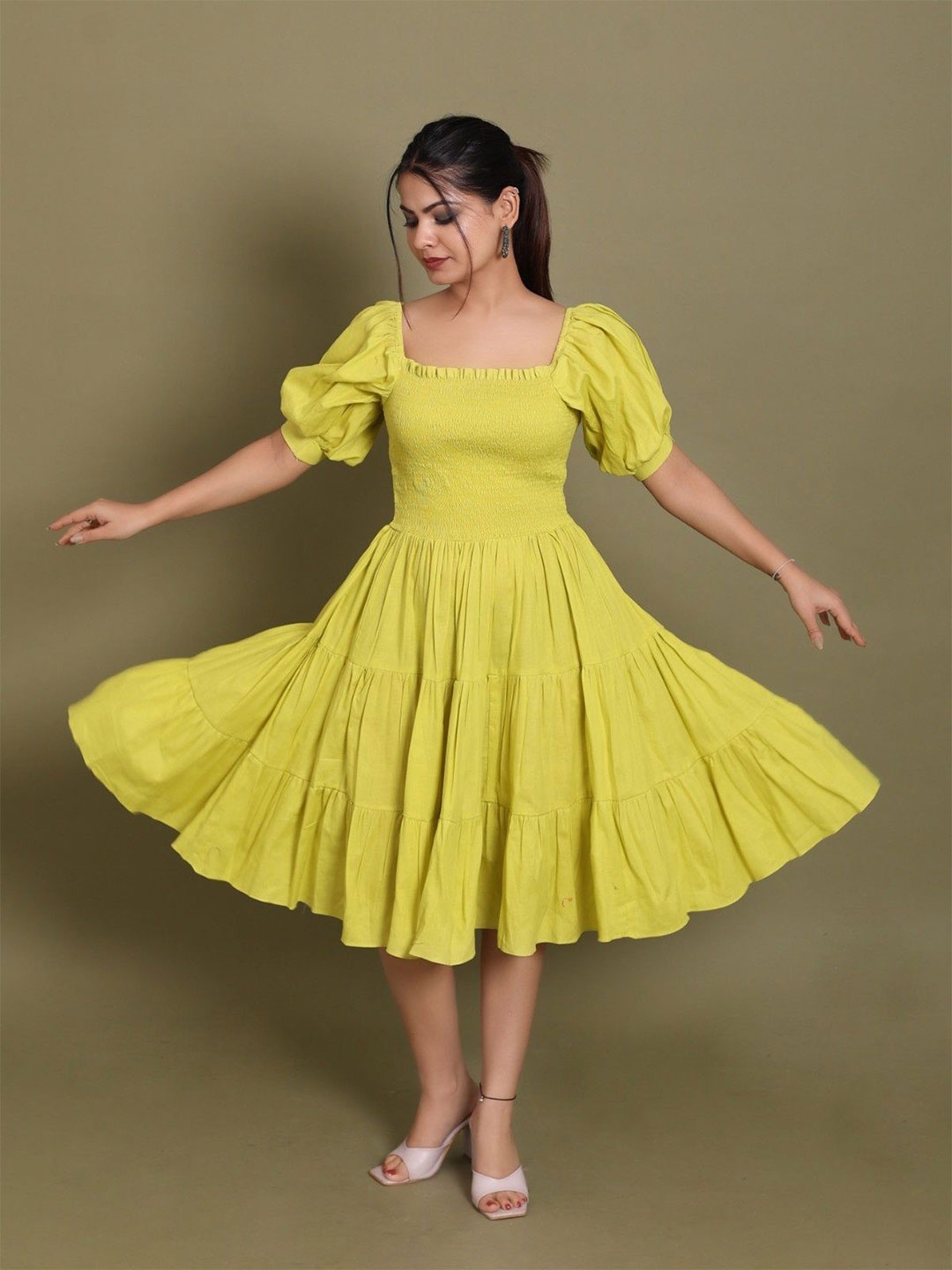 

DRESENCE Puff Sleeve Cotton Fit & Flare Dress, Lime green