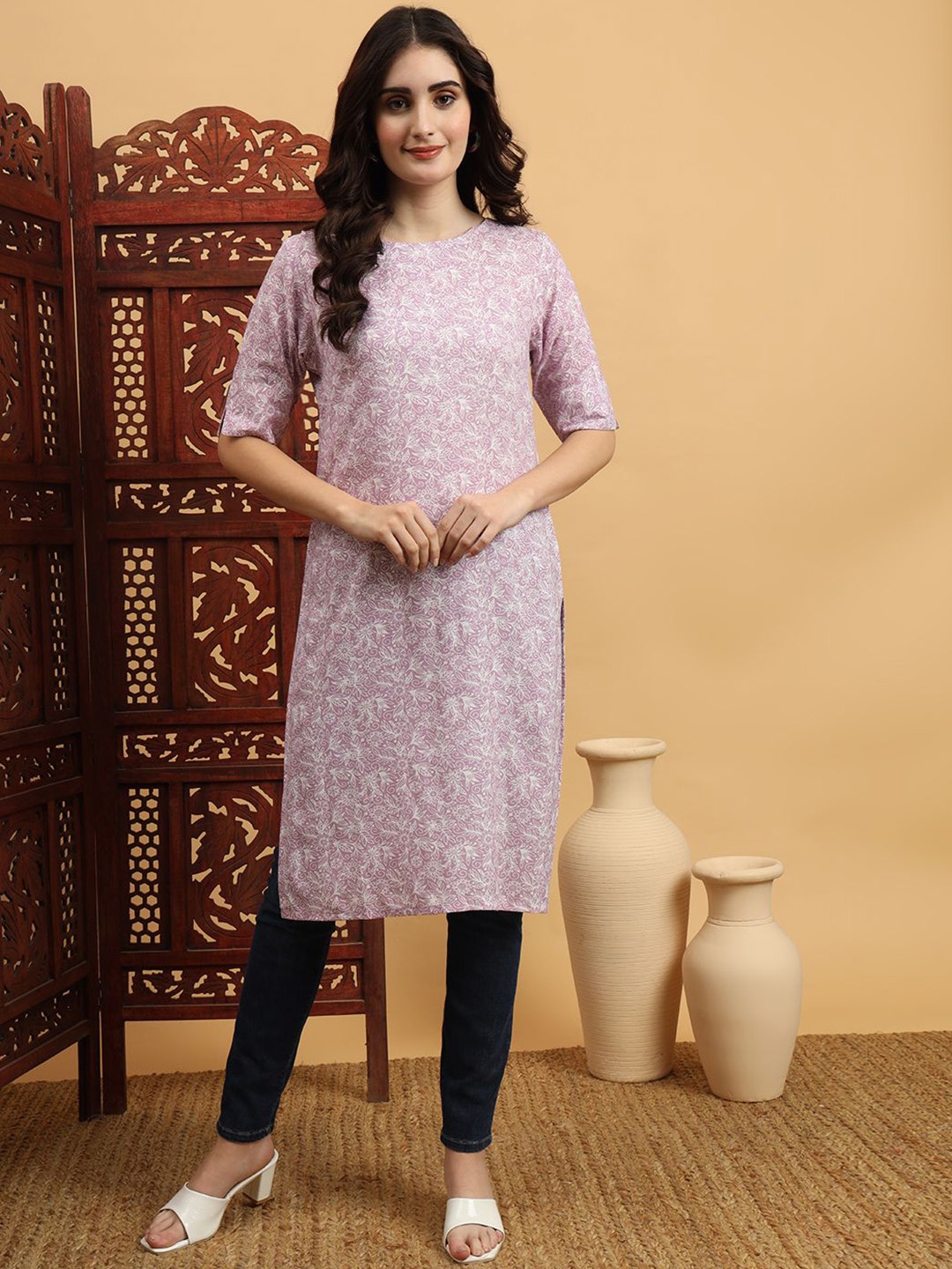 

Anouk Rustic Women Geometric Printed Summer Sheers Kurta, Pink
