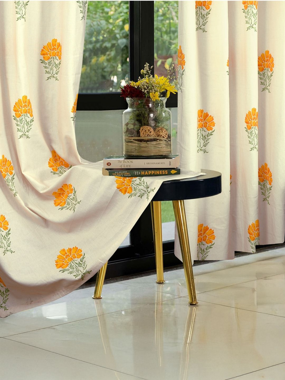

Cortina Cream-Coloured & Orange 2 Pieces Floral Printed Cotton Window Curtains