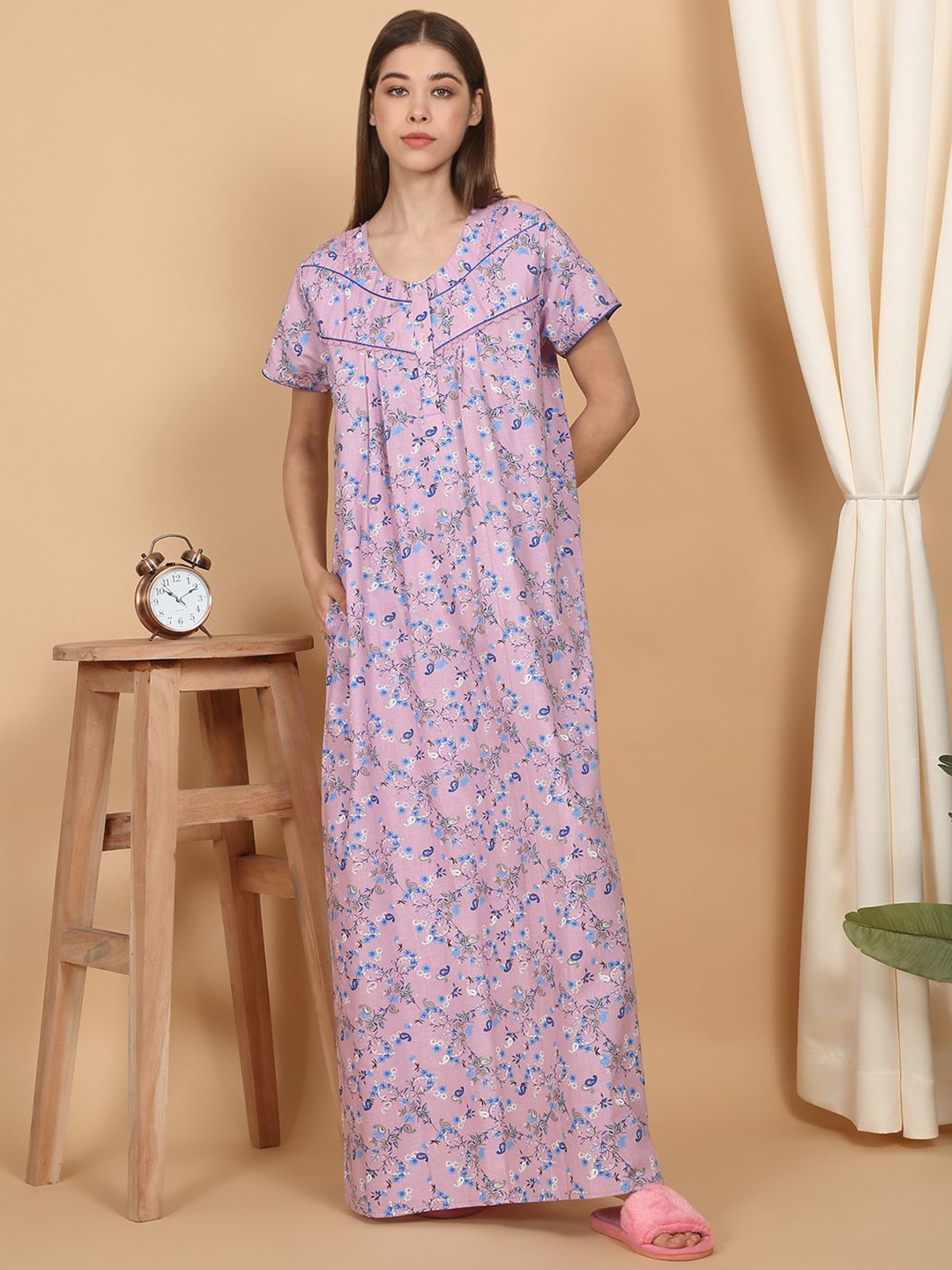 

SAANJ Women Printed Maxi Pure Cotton Nightdress, Pink