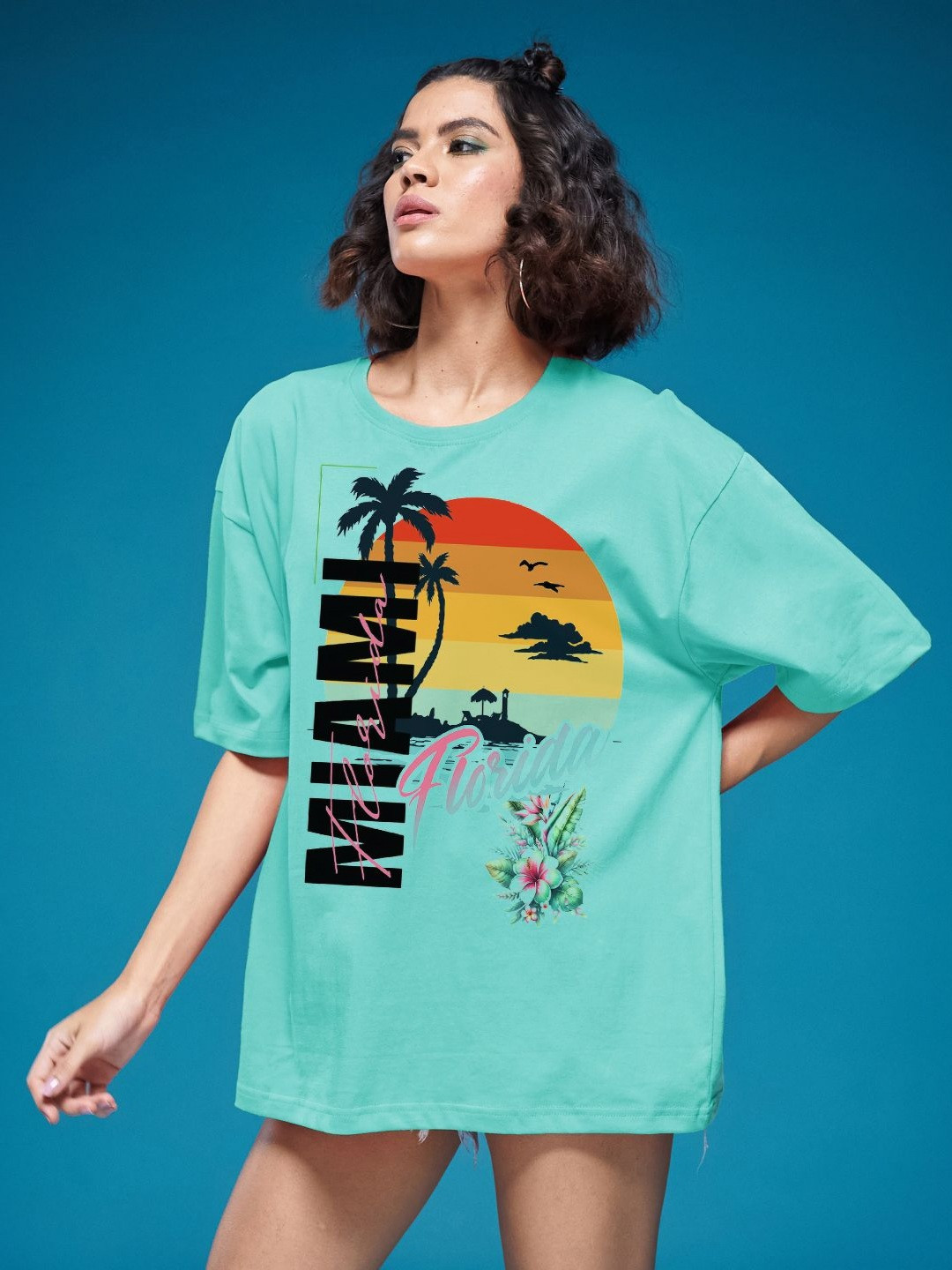 

SMARTEES Women Graphic Printed Round Neck Cotton Oversized T-shirt, Sea green