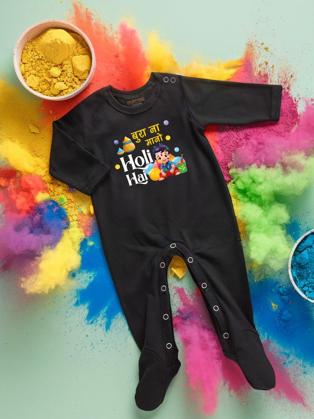 

FFLIRTYGO Infants Holi Printed Pure Cotton Sleepsuit, Black