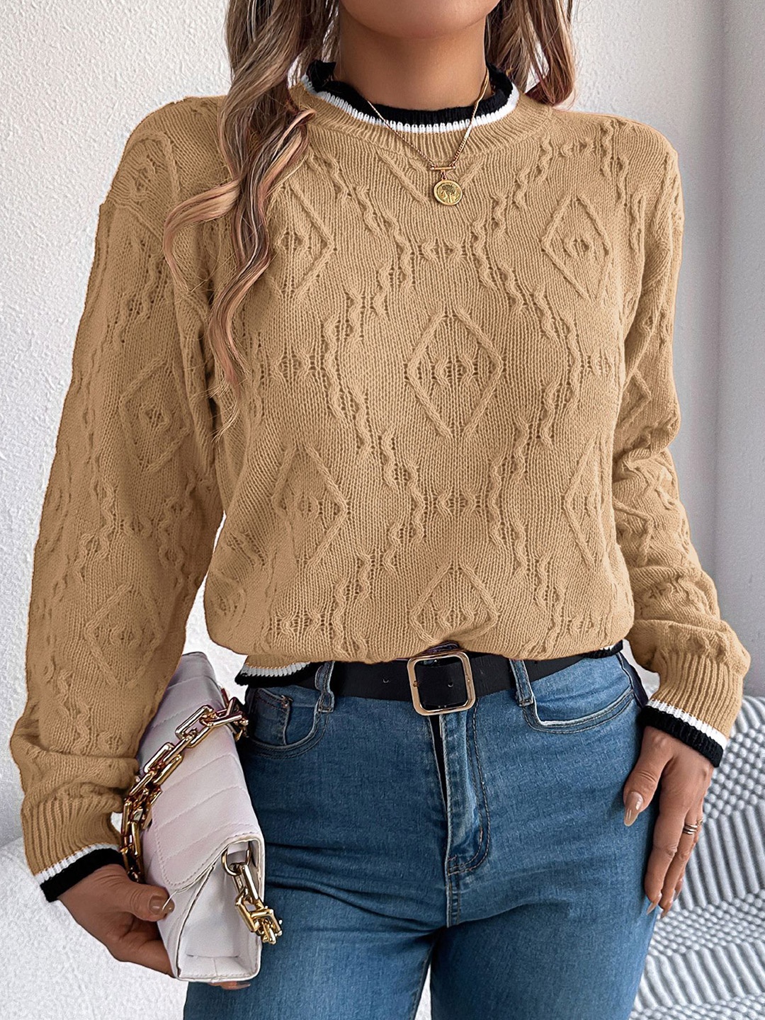 

StyleCast x Revolte Women Cable Knit Pullover Sweaters, Khaki