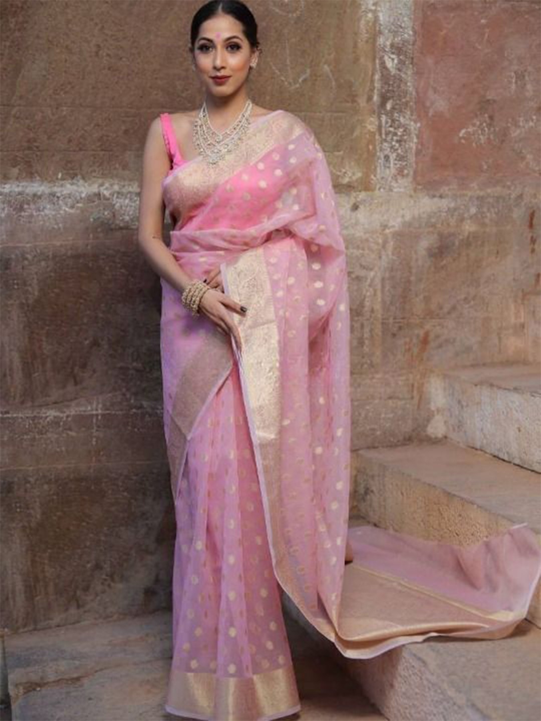 

bansari textiles Woven Design Zari Kota Saree, Pink