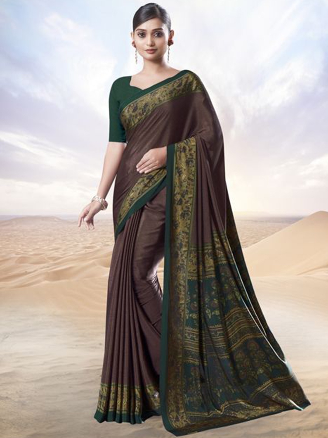 

Jaanvi Printed Border Pure Crepe Saree, Brown