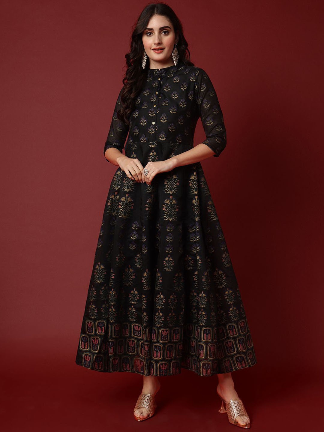 

Aspriya Floral Printed Chanderi Anarkali Gown Maxi Dress, Black