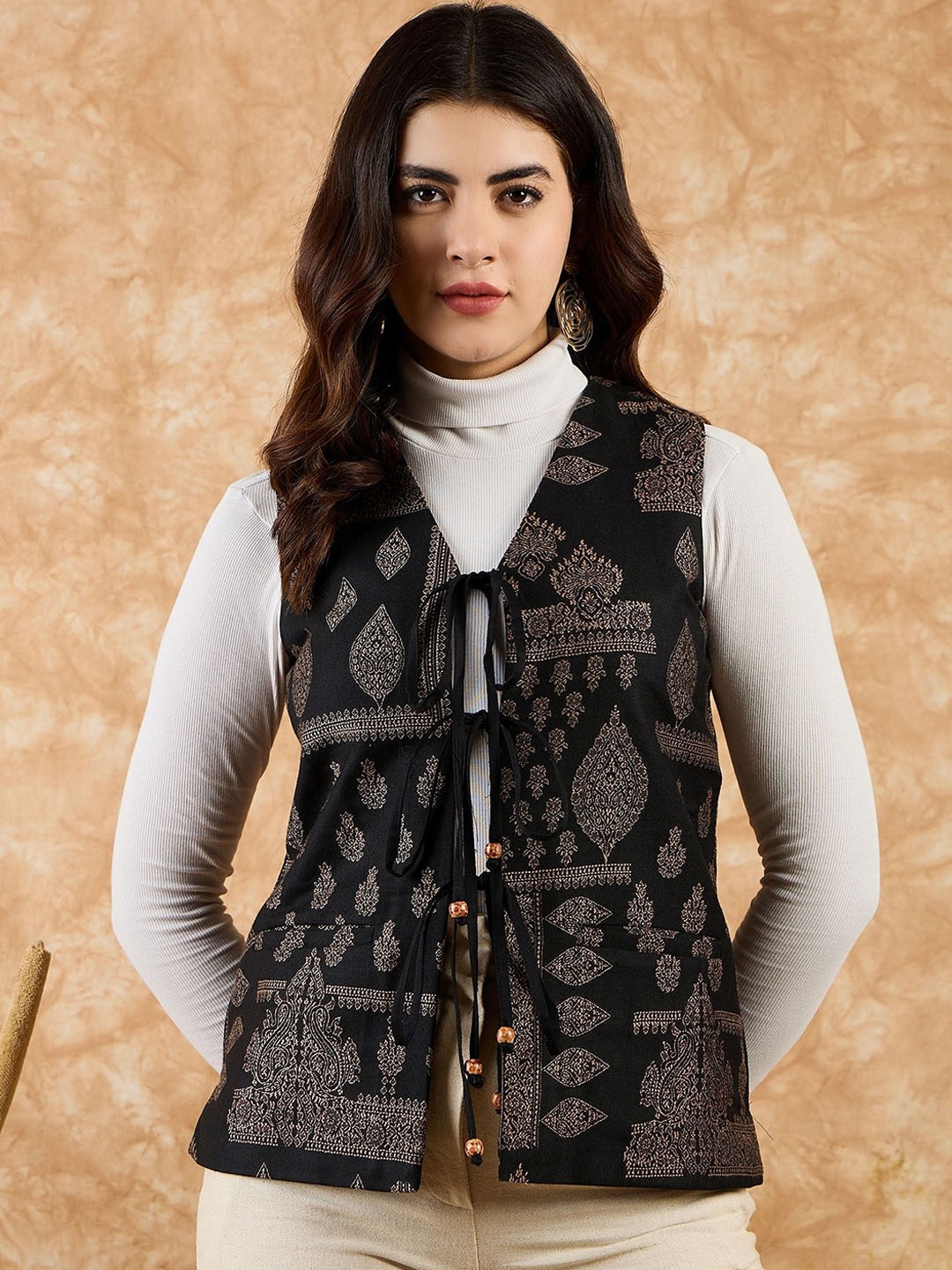 

SAHASIKA Women Collarless Floral Printed Woollen Casual Tailored Jacket, Black