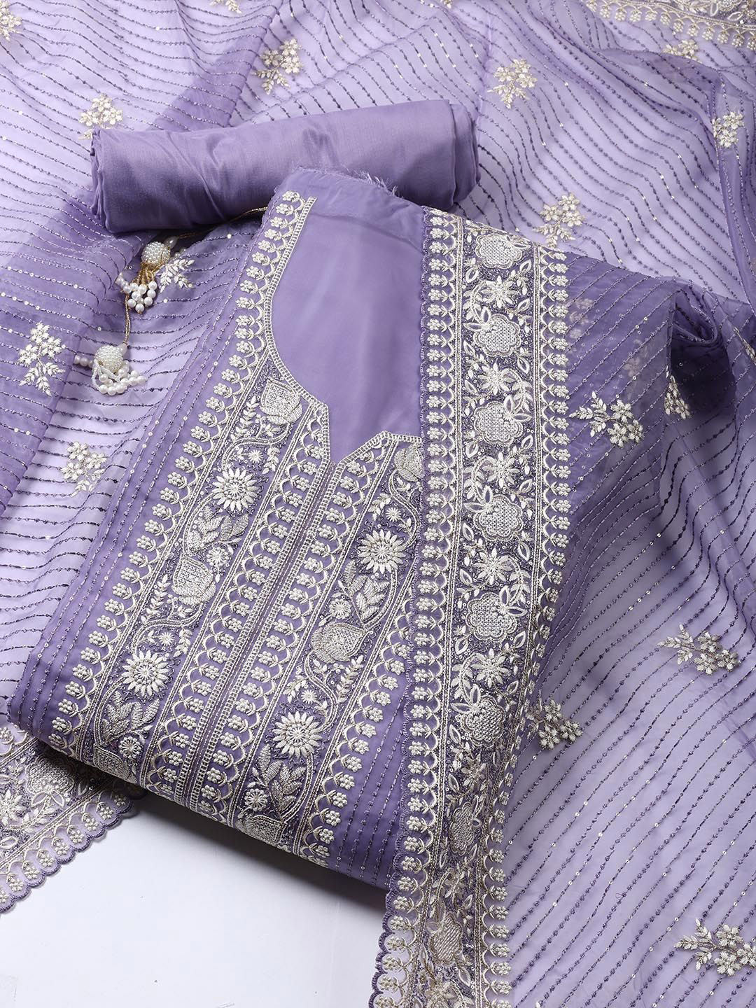 

Meena Bazaar Floral Embroidered Sequinned Organza Unstitched Dress Material, Lavender