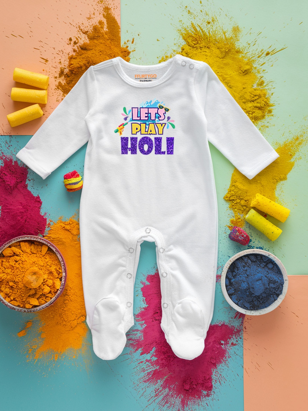 

FFLIRTYGO Infants Holi Printed Cotton Sleepsuit, White