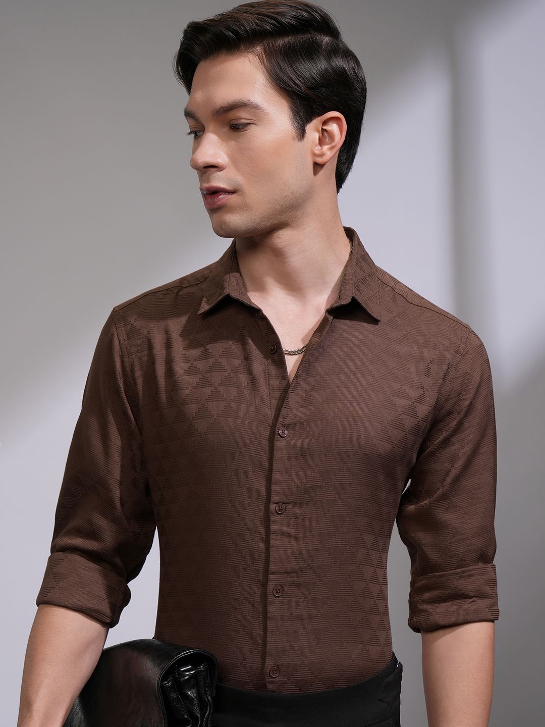 

HIGHLANDER Men Spread Collar Textured Cotton Formal Shirt, Brown