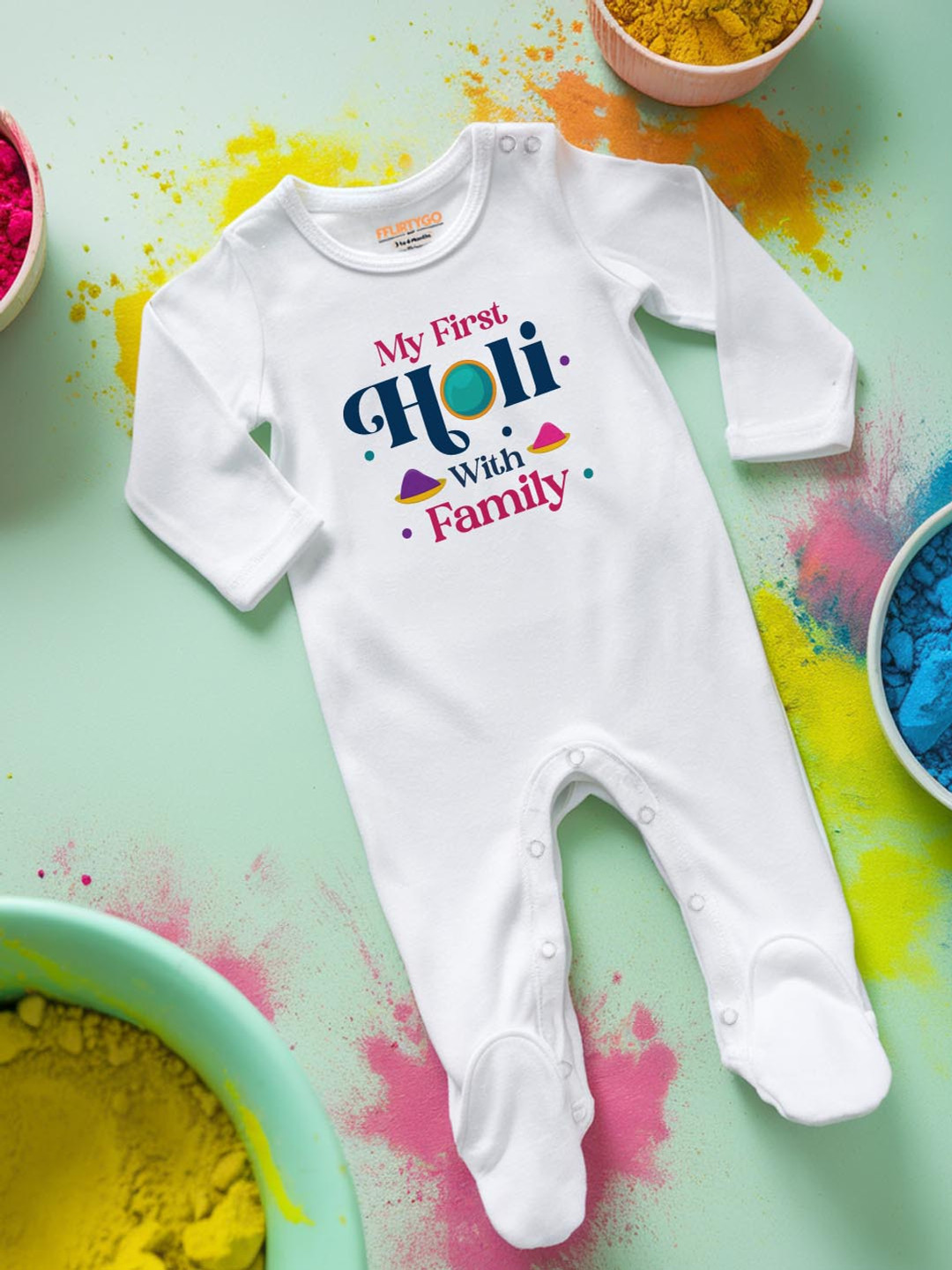 

FFLIRTYGO Infants Holi Printed Pure Cotton Sleepsuit, White