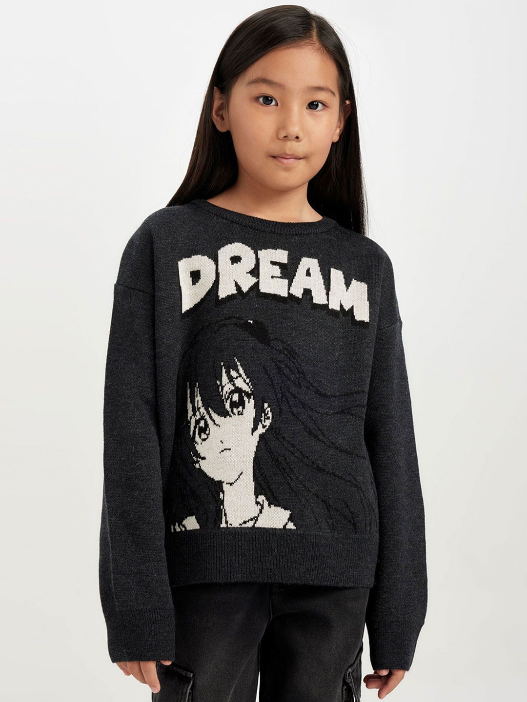 

DeFacto Girls Typography Printed Pullover, Black