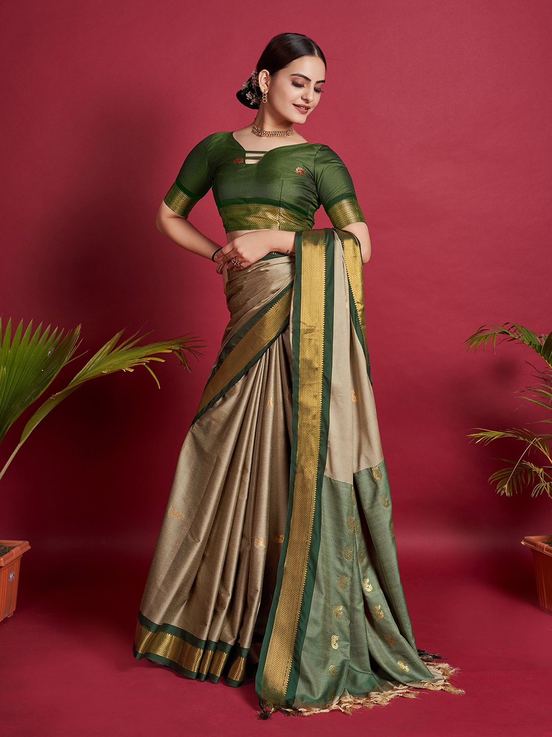 

bansari textiles Woven Design Zari Kota Saree, Grey