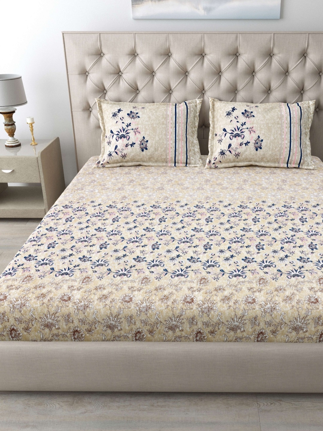 

MAFATLAL Spring Glory Beige Floral 186 TC Cotton King Bedsheet Set 2.74 m x 2.74 m