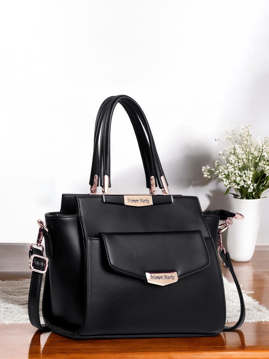 

WOMEN MARKS Textured PU Structured Handheld Bag, Black