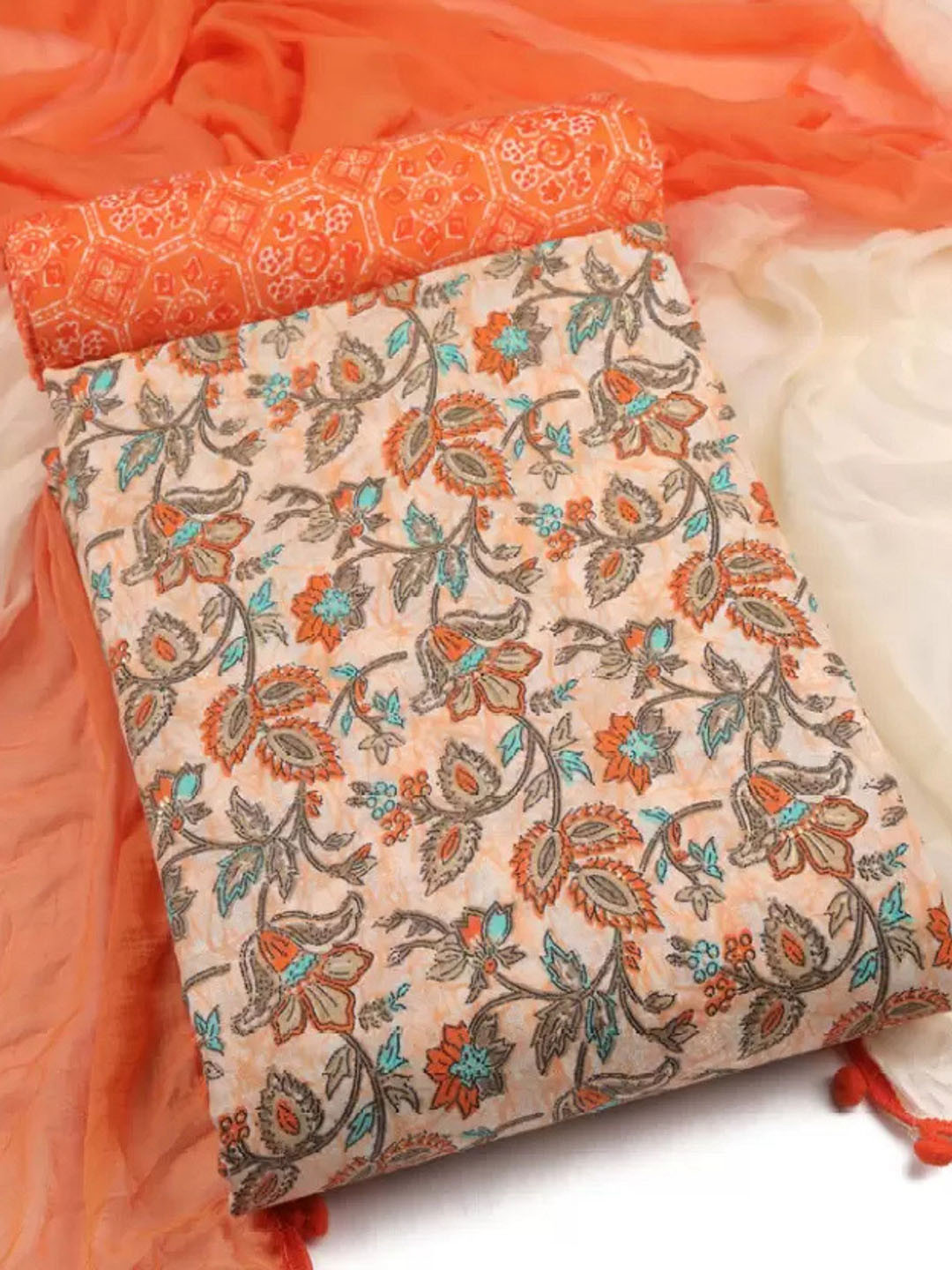 

FashionsEye Floral Printed Pure Cotton Unstitched Dress Material, Orange