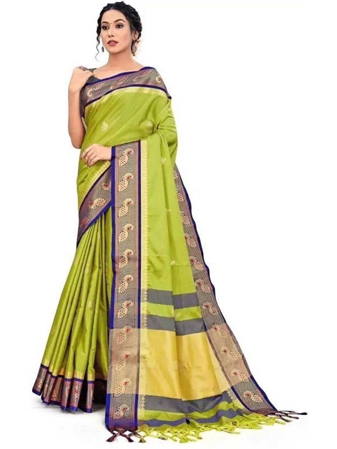 

bansari textiles Woven Design Zari Maheshwari Saree, Green