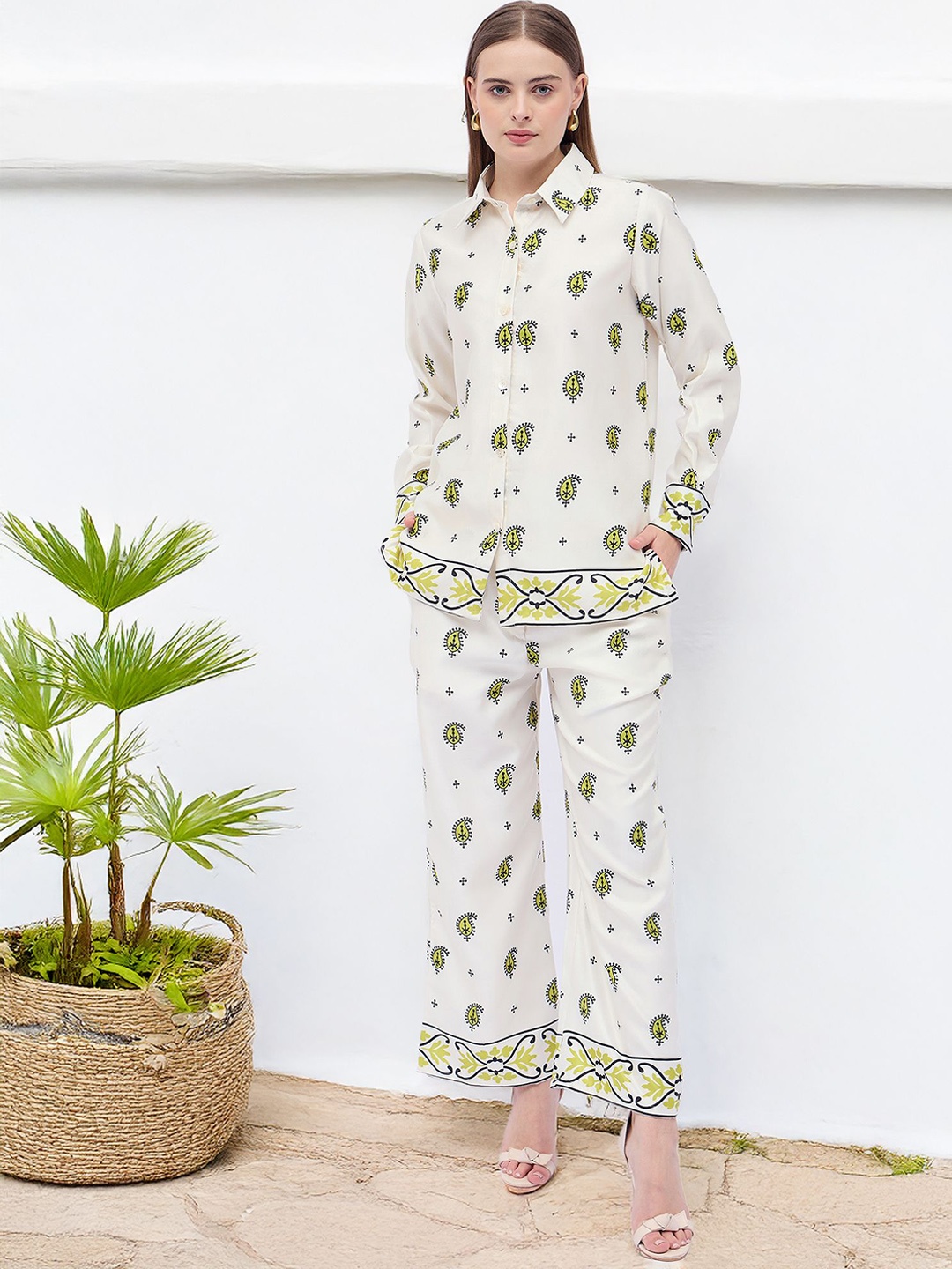 

all about you Paisley Printed Shirt Collar Shirt And Trouser, Green