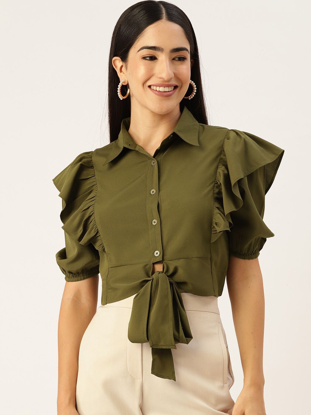 

Moda Rapido Women Shirt Collar Ruffles Shirt Style Crop Top, Olive