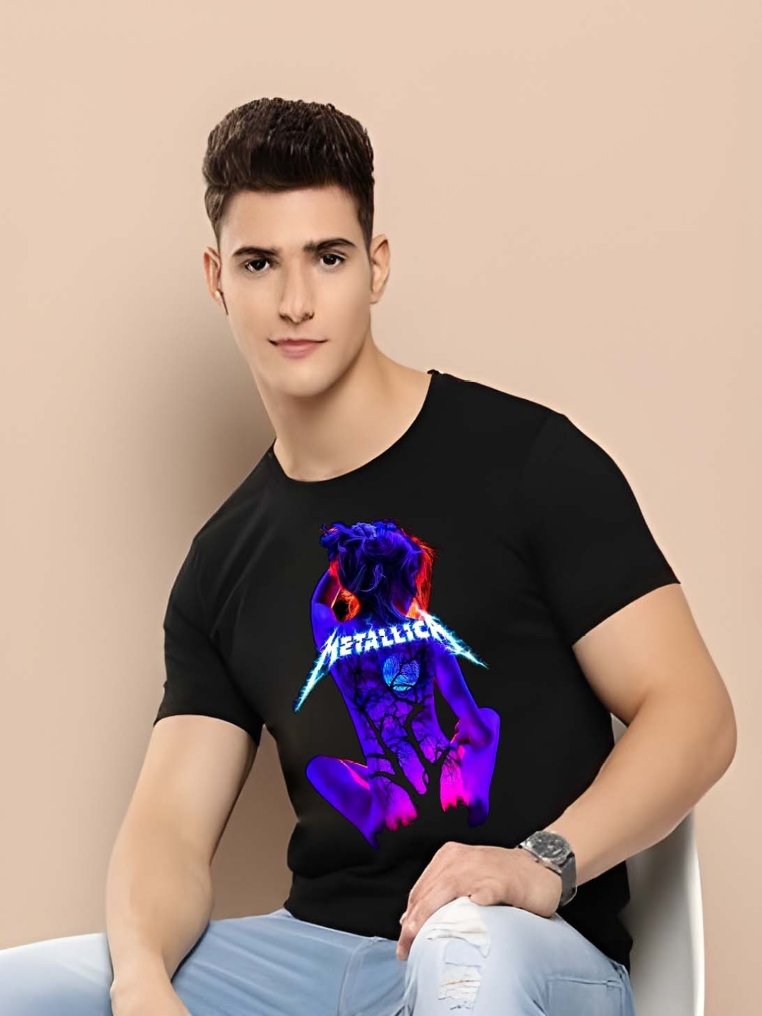 

Krimmple Men Graphic Printed Round Neck Cotton T-shirt, Black