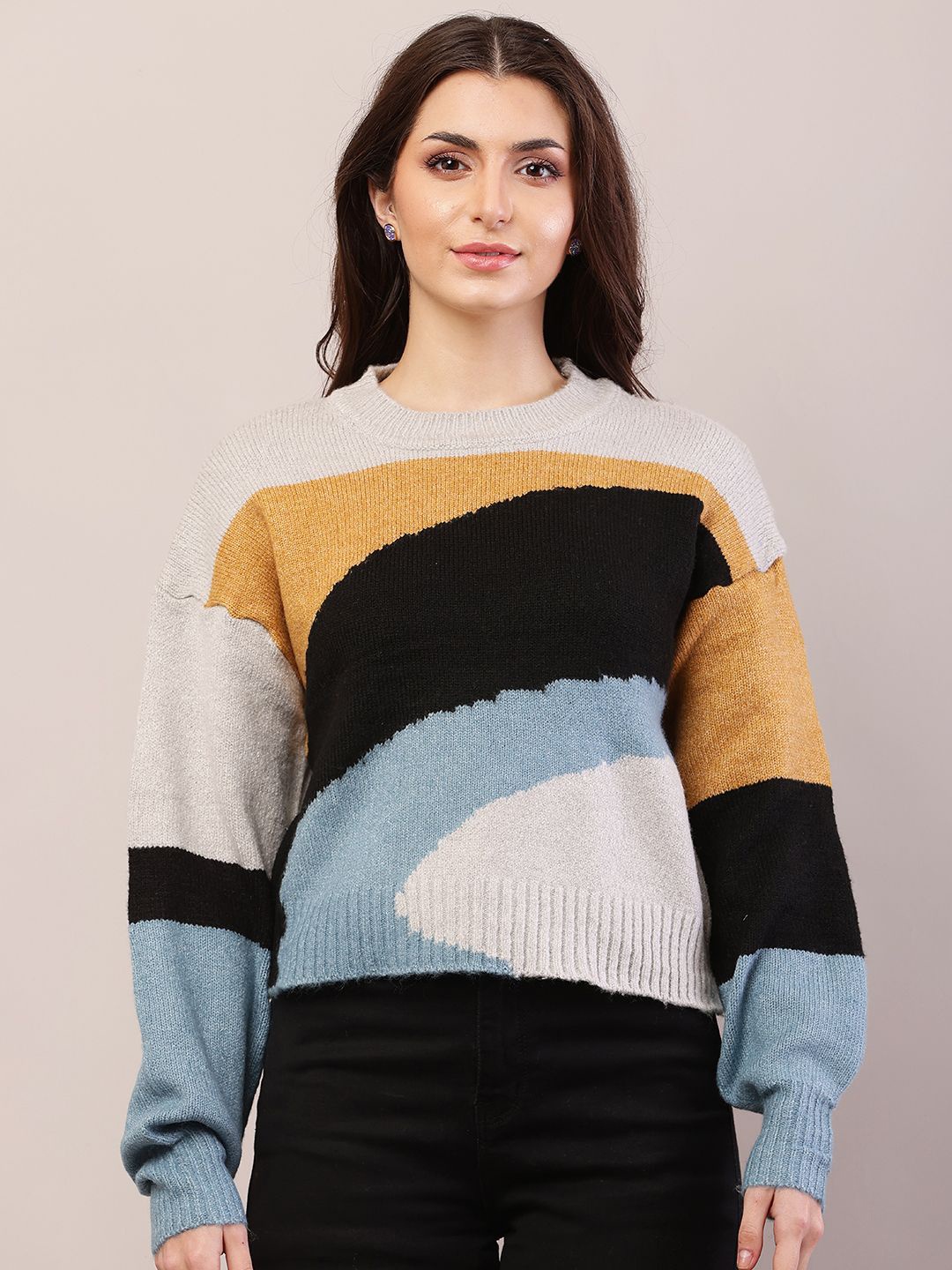 

NoBarr Women Colourblocked Pullover Sweater, Blue