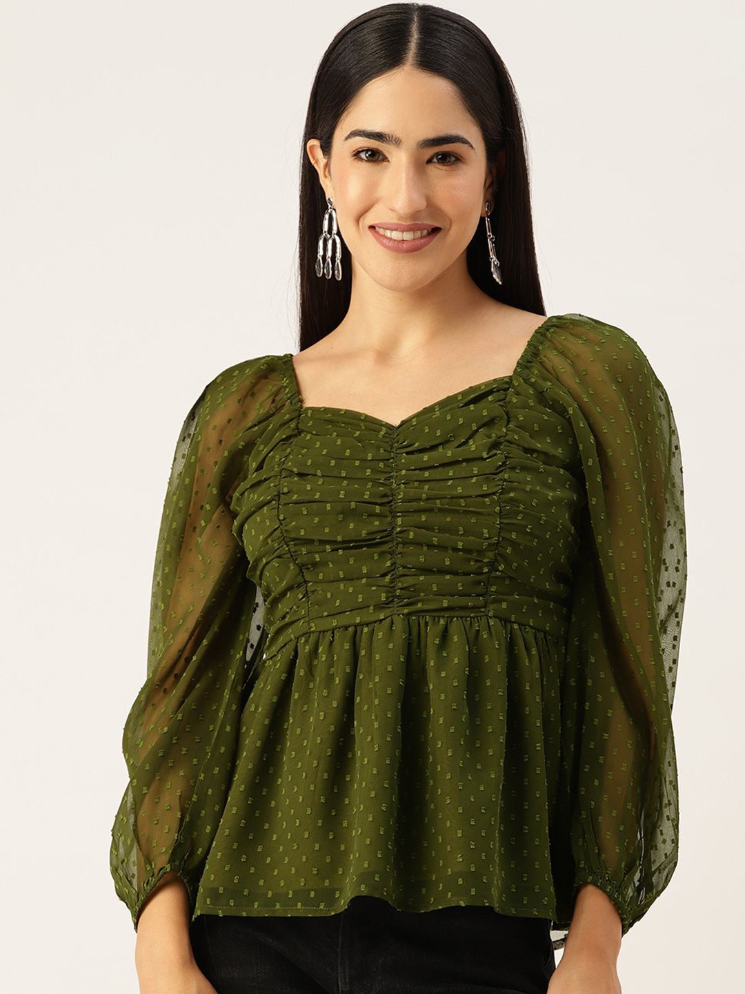 

Moda Rapido Sweetheart Neck Puff Sleeve Georgette Peplum Top, Olive