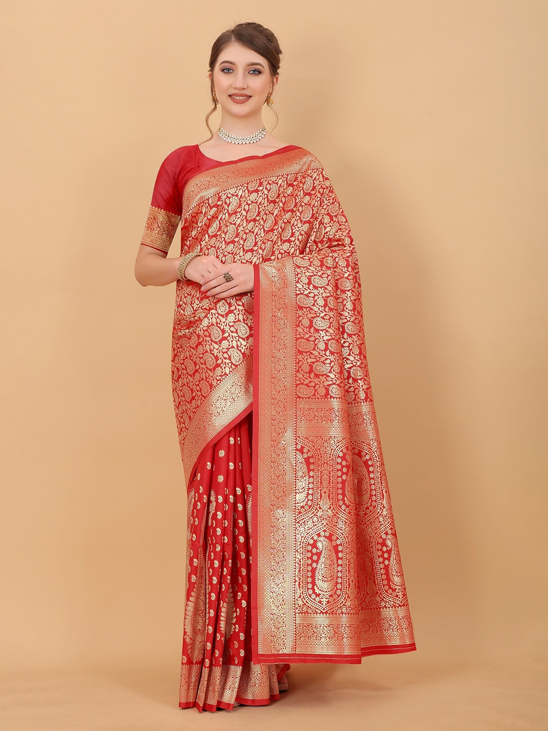 

Bansari textiles Woven Design Zari Banarasi Saree, Red